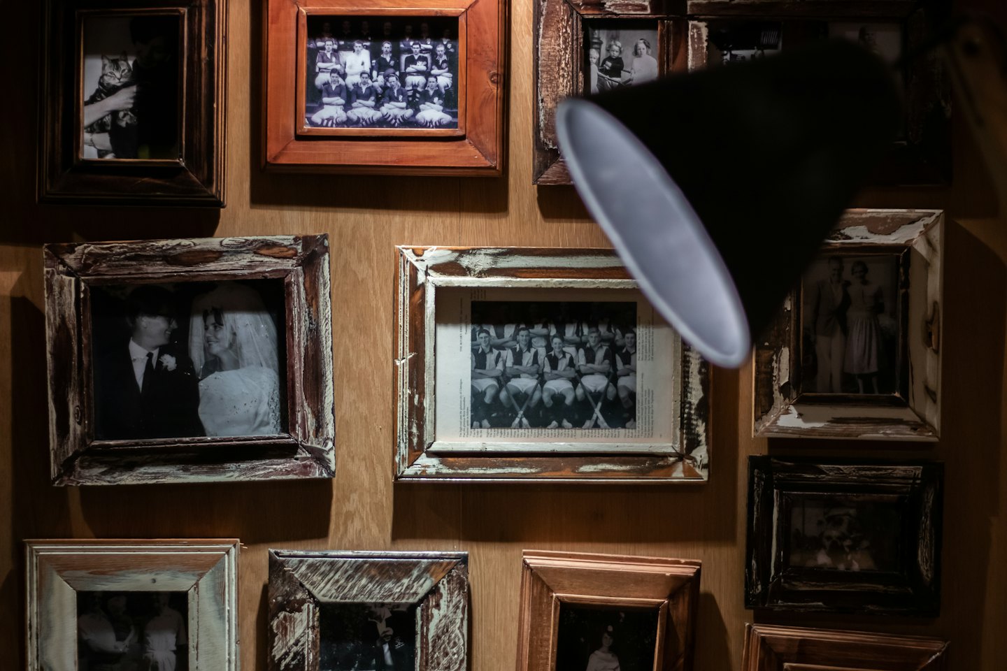 Framed black and white photos displayed on a wooden wall.